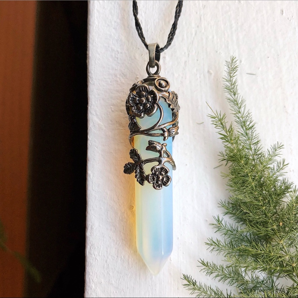 Opalite Crystal Antique Metal Pendant Necklace